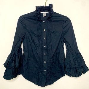 Diane Von Furstenberg Mockneck Three Quarter Ruffle Bell Sleeve Black Goya Top